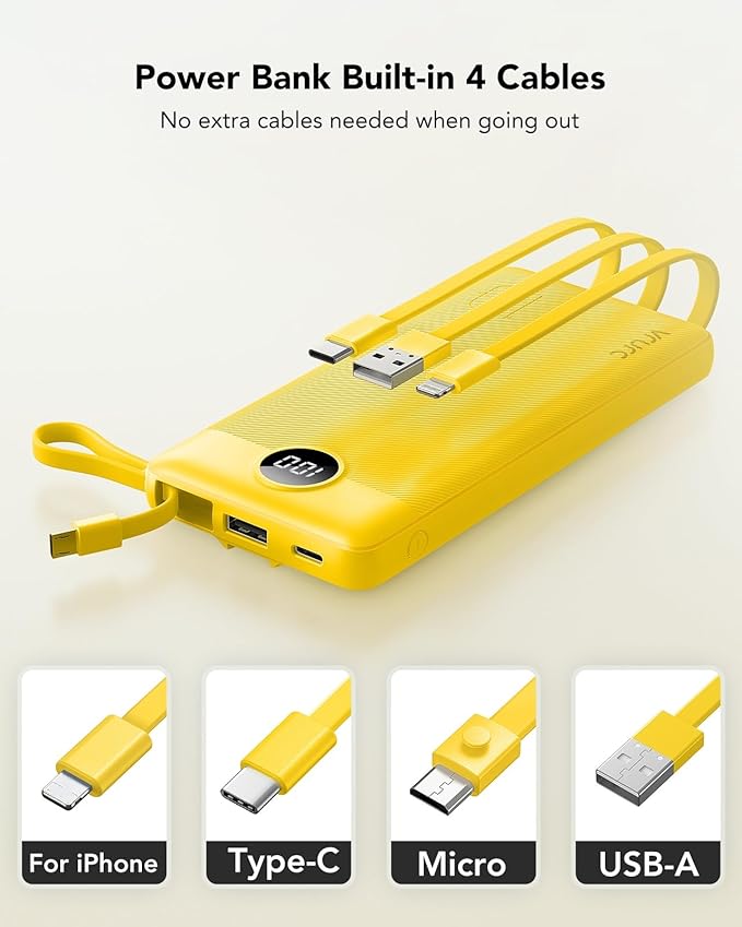 VRURC Portable Charger with Built-in Cables, USB C Portable Phone Charger 10000mAh, Lightweight Power Bank with 5 Output 2 Input Compatible with iPhone 17 16 15 13,Samsung,Android etc-Yellow(1 Pack)