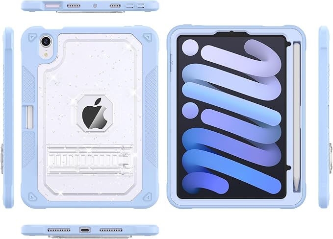 ZoneFoker Case for iPad mini A17 Pro, for iPad mini 7th/6th Generation Case 8.3 inch 2024/2021 with Pencil Holder/Stand, Slim Cover for i Pad Mini 7/6 (Clear Glitter/SkyBlue)