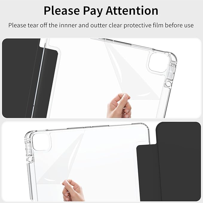 Clear Case for iPad Pro 12.9 inch 6th/5th/4th/3rd Gen with Pencil Holder [Support Pencil Charging] Auto Wake/Sleep, Lightweight Shockproof Trifold Stand Transparent Hard PC Back Cover, Black-2