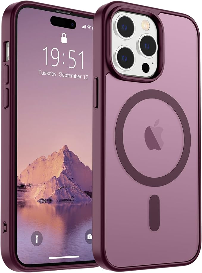 SUPFINE Magnetic for iPhone 14 Pro Max Case (Compatible with MagSafe) (Military Grade Drop Protection) Translucent Matte Shockproof with Anti-Fingerprint Phone Case,Wine Red