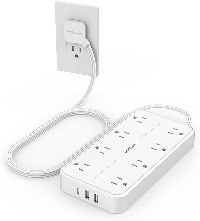 TESSAN Power Strip Surge Protector, 6FT Flat Plug Extension Cord with 8 Outlets 3 USB Charger(1 USB C), 1080 Joules Protection, Wall Mountable Charging Station for Home Office Dorm, White