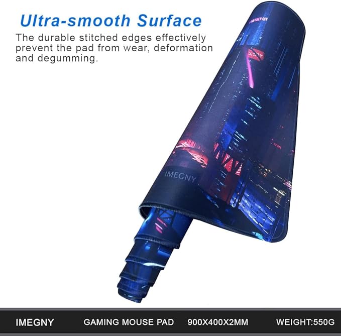 Extended Gaming Mouse Pad, Portable Mat for Keyboard & Mouse with Stitched Edges + Non-Slip Rubber Base (90x40 neoncity001)