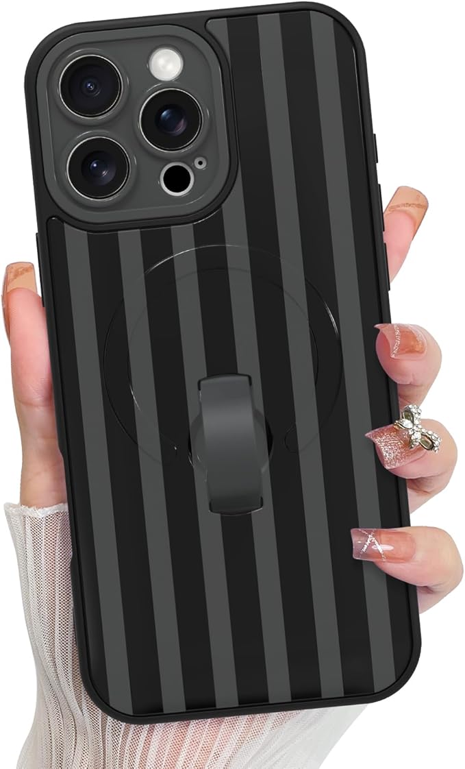 KANGHAR Compatible with iPhone 16 Pro Case, Support for MagSafe, Silicone Stripes Cute Pattern, Wristband Kickstand Camera Protection Soft Slim Cover for Girls Women -Black