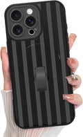 KANGHAR Compatible with iPhone 16 Pro Case, Support for MagSafe, Silicone Stripes Cute Pattern, Wristband Kickstand Camera Protection Soft Slim Cover for Girls Women -Black