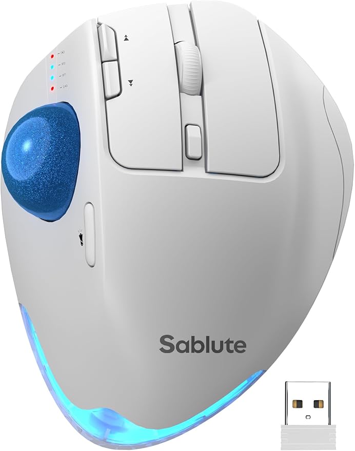 MAM1 Pro Wireless Trackball Mouse, Ergonomic Bluetooth Rechargeable Computer Mouse, Backlit Rollerball Thumb mice with 5 Level DPI, Adjustable Angle, 3 Devices Connection for PC, Windows - White Mouse