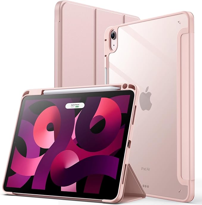 JETech Case ONLY for iPad Air 11-Inch M4/M3/M2 (2026/2025/2024), iPad Air 5/4 (2022/2020 5th/4th) with Pencil Holder, Clear Transparent Back Slim Stand Shockproof Tablet Cover (Rose Gold)