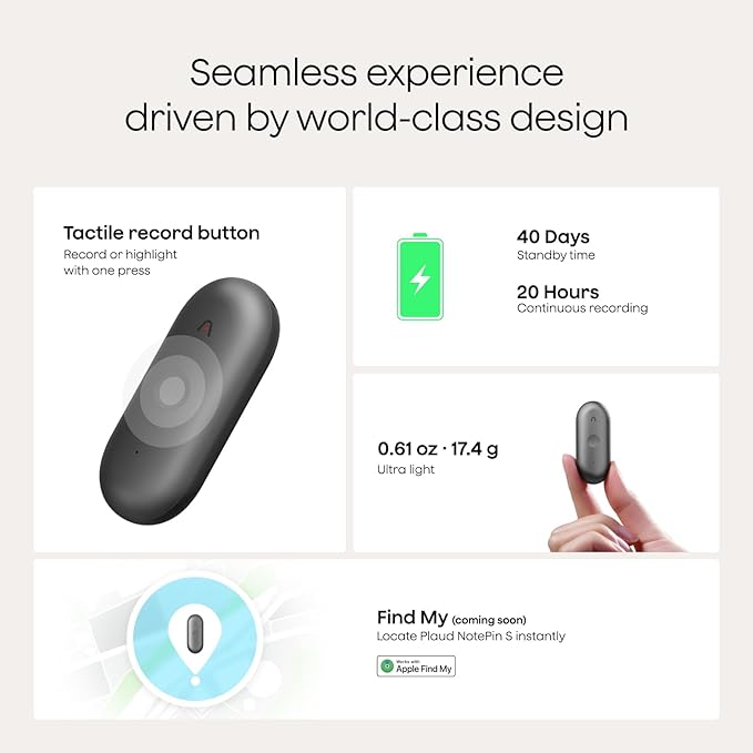 Plaud NotePin S AI Voice Recorder, Wearable AI Notetaker, AI Transcribe & Summarize, Support 112 Languages, 64GB Audio Recorder for Meetings Interviews, Professionals, Teams, with 4 Accessories