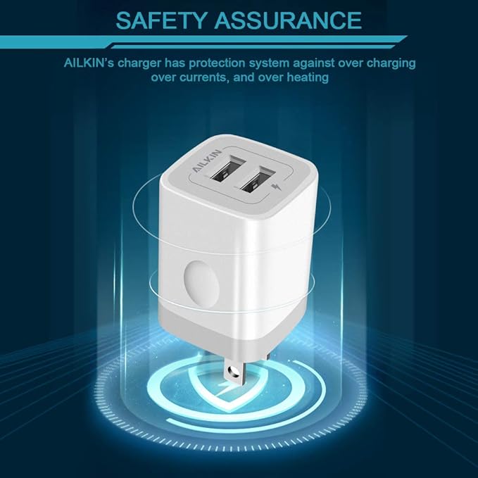 USB Wall Charger, Foldable Charger Adapter, AILKIN 2Pack 2.4Amp Dual Port Quick Charger Plug Cube AC Travel Box for iPhone 17 16 15 14 Pro Max 13 12 11Pro Max/XS/XR Plus, Samsung Galaxy