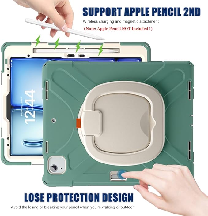 SCSVPN Case for iPad Air 13 inch M4/M3/M2 (2026/2025/2024) & iPad Pro 12.9 Case 6th/5th/4th/3rd Gen 2022 2021 2020 2018, Protective Cover with Pencil Holder-Stand-Handle-Shoulder Strap, Emerald Green