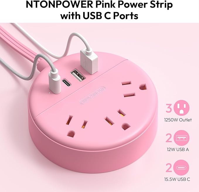NTONPOWER Pink Extension Cord 5ft, Cute Power Strip with 3 AC Outlets & 2 USB C & 2 USB A, Flat Extension Cord, Wall Mount, Flat Plug Power Strip for Home, Dorm, Vanity Desk, Women Essential
