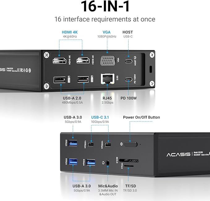 ACASIS USB C Docking Station Dual Monitor,16-in-1 Laptpop Docking Station with 2* HDMI,VGA,2.5G Ethernet,SD/TF,10Gbps USB-C 3.1,3.5mm Audio,PD100W,USBC Hub for Dell/Lenovo/HP/ThinkPad (Black)
