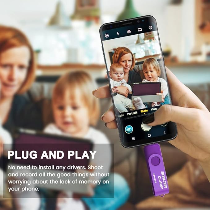 128GB 3 in 1 USB 3.0 Flash Drive Photo Stick for Android Phones, BorlterClamp OTG Memory Stick with 3 USB Ports (USB C, microUSB, USB A) for Samsung Galaxy, LG, Tablets, PC and More, Purple