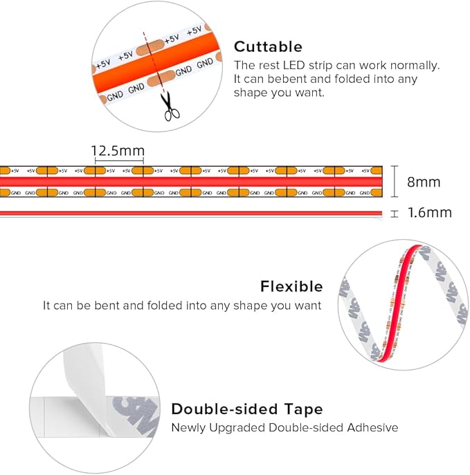 BTF-LIGHTING FCOB COB FOB LED Strip Lights 5V USB Powered 3.28FT 320LEDs Red Color 8mm Width Dimmable CRI 90+ with 3M Tape Flexible High Density for 3D Printer TV Backlight PC DIY Decor