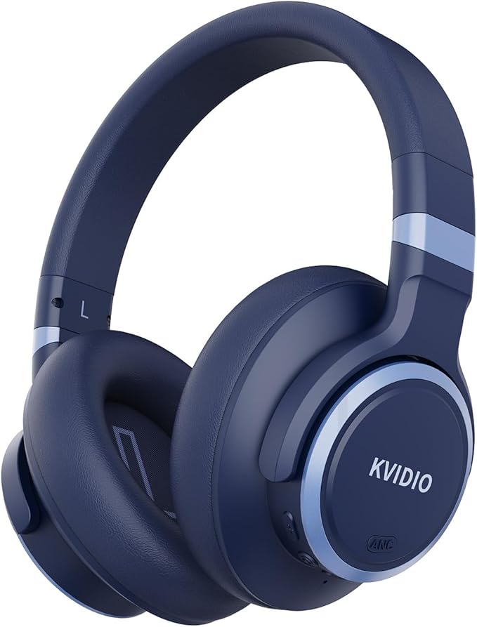 KVIDIO Active Noise Cancelling Headphones, 70 Hours Playtime Bluetooth Headphones with Microphone, Transparency Mode, Deep Bass and Hi-Fi Stereo Sound (Blue)