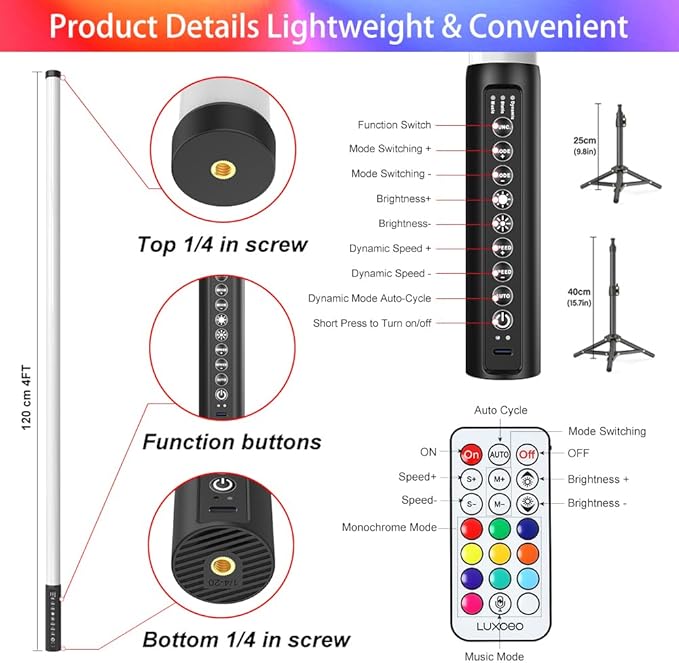 4 Pack 4ft Portable Battery Powered Tube Light 120cm Handheld LED RGB Lights Tube with Tripods, 500 Vivid Effects for Video and Photography,Light Painting,YouTube,Video and Dance Club