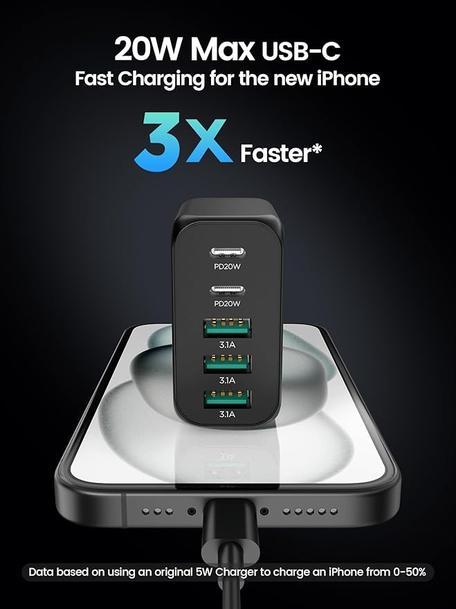 EIZLXQ USB C Charger Block, Type C Charger Fast Charging,Total 50W 5-Port USB Wall Charger Multiport Type C Charging Block Cube for iPhone 17/16/15/14/13/12/11 Pro Max XS, iPad, Samsung & More-Black