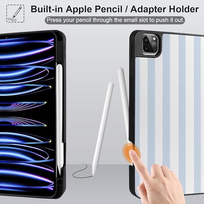 DONGKE Case for iPad Pro 12.9 inch 6th Generation 2022, Built-in Pencil Holder + Trifold Stand + Auto Wake/Sleep + Protective Cover for iPad Pro 12.9 5th/4th/3rd Gen- Blue Stripes