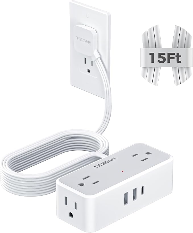TESSAN Flat Plug Extension Cord 15 FT, Surge Protector Power Strip with 4 AC Outlets 1 USB C and 2 USB A Ports, 900 Joules Protection, Multiple Wall Outlet Extender Suitable for Office Dorm, Grey