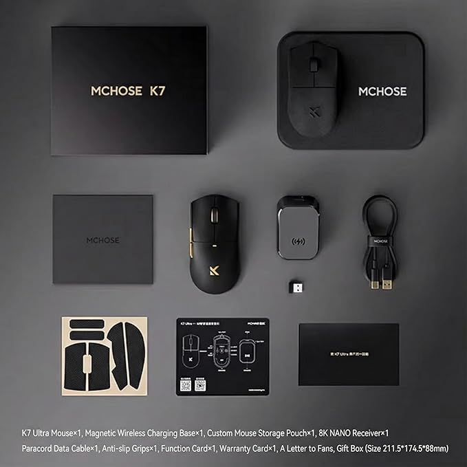 Hyekit MCHOSE K7 Ultra Wireless Esports Gaming Mouse with Magnetic Charging Dock, PAW3950 Optical Sensor, Dual 8K Polling, 42K DPI, 59g Lightweight, 5 Programmable Buttons, 130 Hr Battery (Black)