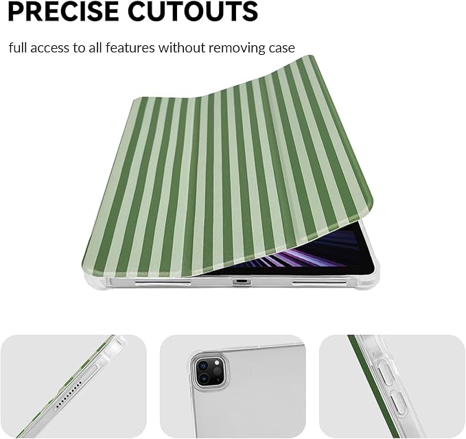 Lovmooful Compatible for iPad Pro 12.9-Inch 2022/2021/2020/2018 (6th/5th/4th/3rd Generation) Case with Pencil Holder Cute Striped with Aesthetic Design Soft TPU Trifold Stand Protective-Dark Green