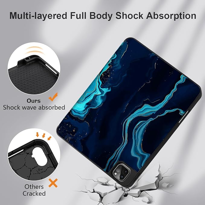 DONGKE Case for 2022/2021/2020/2018 iPad Pro 11 inch Gen 4/3/2/1 - Slim Protective Case - Built in Pencil Holder Support Charging - Trifold Stand & Sleep/Wake Cover - Blue Marble