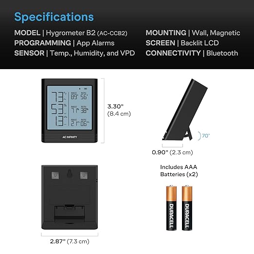 AC Infinity Temperature Humidity VPD Smart Hygrometer B2 with LCD Display & Bluetooth App Monitor, Climate Gauge Thermometer for Basements, Guitar Rooms, Grow Tents and Greenhouses