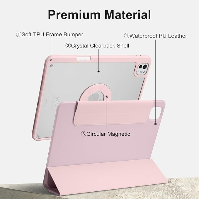 Case for iPad Pro 11 inch M5/M4 (2025/2024, 6th/5th Generation), Removable and Detachable Magnetic Cover with Pencil Holder, Vertical Adjustable Stand, Tri-Fold Multi-Angle, Pink