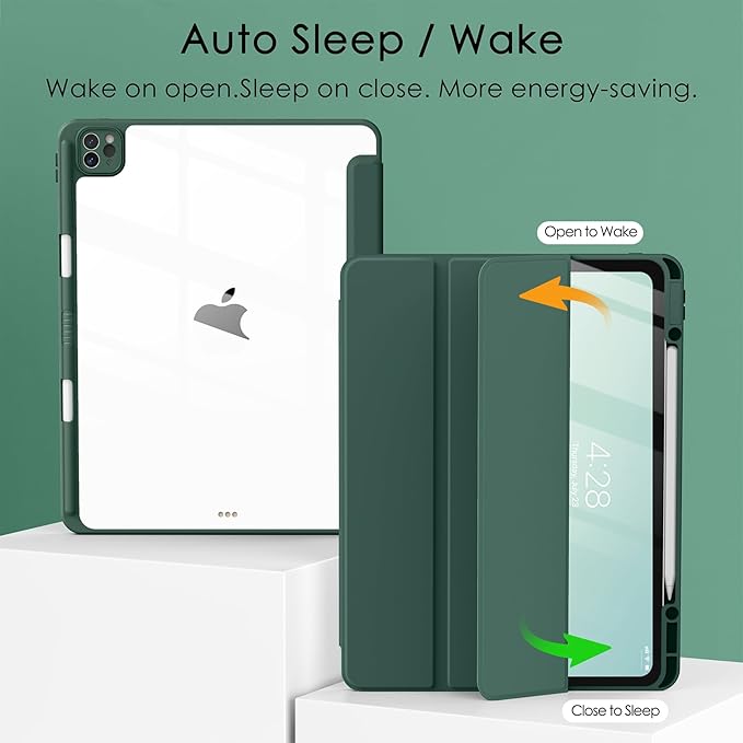 Soke Case for iPad Pro 12.9 Inch (6th/5th/4th/3rd Generation, 2022/2021/2020/2018) - Pencil Holder + Auto Sleep/Wake + Camera Protection, Transparent Shockproof Back Cover, Midnight Green