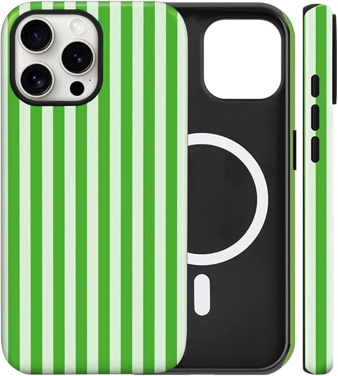 Magnetic for iPhone 17 Case Cute Stripes Phone Case, Shockproof Slim TPU and Hard PC Protective Phone Cover Compatible with MagSafe Designed for Women Girls, Deep Green