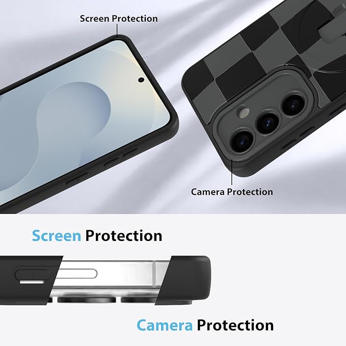 KANGHAR Compatible with Samsung Galaxy S25 Case, Support for MagSafe, Silicone Checkered Cute Pattern, Wristband Kickstand Camera Protection Soft Slim Cover for Girls Women -Black