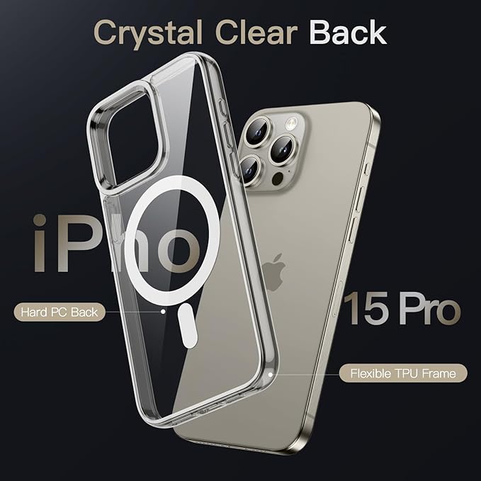 JETech Magnetic Case for iPhone 15 Pro 6.1-Inch Compatible with MagSafe Wireless Charging, Shockproof Phone Bumper Cover, Anti-Scratch Clear Back (Natural Titanium)