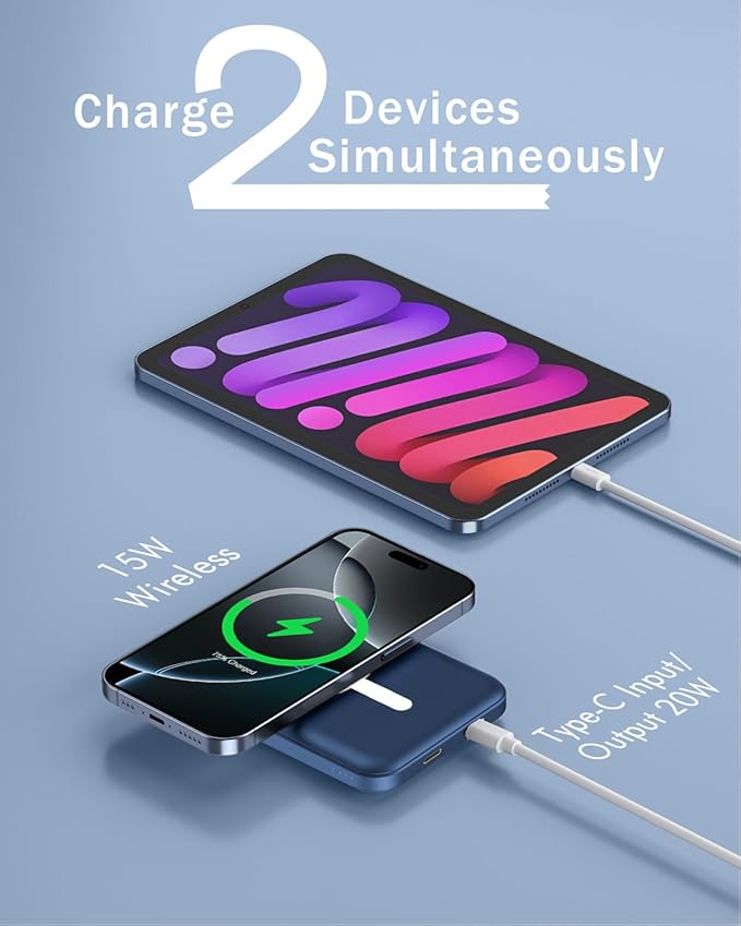 podoru for Magsafe Battery Pack, 5000mAh Magnetic Power Bank with Type-C Cable 20W PD Fast Charging Lighting Input Wireless Portable Charger for iPhone 17/16/15/14/13/12/ All Series-Dark Blue