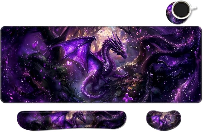 MIBITRI Keyboard Mouse Pad Set, Extended Gaming Mouse Pad+Ergonomics Keyboard Wrist Rest Support, Memory Foam, Easy Typing Pain Relief, 4Pcs XXL Ultra Thick Desk Mat, Dragon