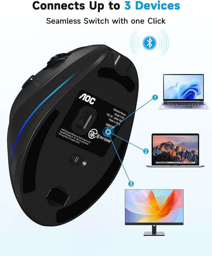 AOC 2.4GHz Ergonomic Mouse, Wireless Bluetooth Vertical Mouse for Work, 4800 DPI Optical Tracking, 5 Adjustable DPI, Quiet Clicks, RGB Light, Compatible with Computer, Laptop, PC, Mac, Desktop - Black