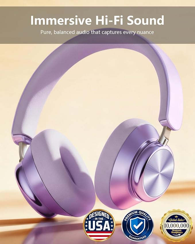 Wentronic Y03 Bluetooth Headphones Wireless Active Noise Cancelling Over Ear Headphones 48 Hours Playtime High Sound Quality 6 EQ Music Mode Headphones with Soft Ear Cushion - Purple