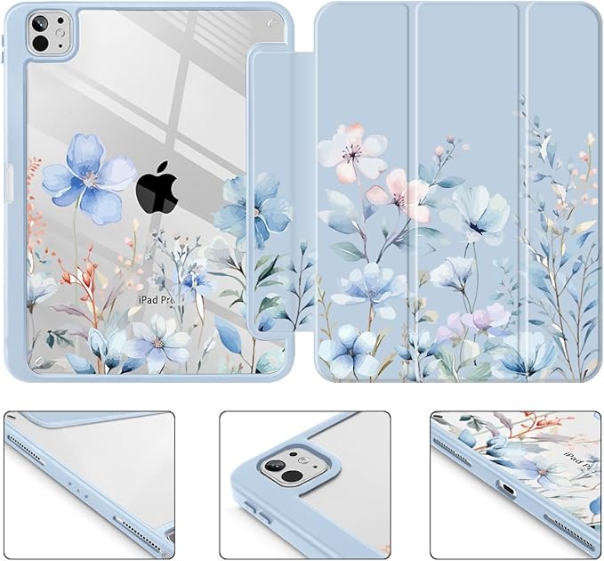 May Chen Case for iPad Pro 11-Inch M5/M4 2025/2024 (6th/5th Generation), Clear Transparent Print Back Shell Slim Stand Shockproof Tablet Cover, Auto Wake/Sleep, Blue Flowers