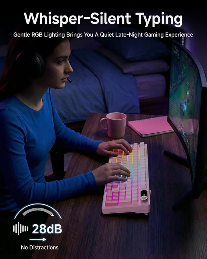 EWEADN V102 Wireless Keyboards, 98 Key Gaming Keyboard with Screen & Media Knob, Custom RGB Backlit, Tri-Mode BT5.0/2.4GHz/Wired Membrane Bluetooth Keyboard, Quiet Typing for PC/Mac-Gradient Pink