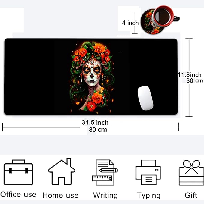 Large Mouse Pad, 31.5 x 11.8in Extended Gaming Mouse Pad with Stitched Edges, XXL Mousepad Protector Non Slip Rubber Base for Office & Home Writing Mat,Colorful Day of The Dead Women Black Desk Mat