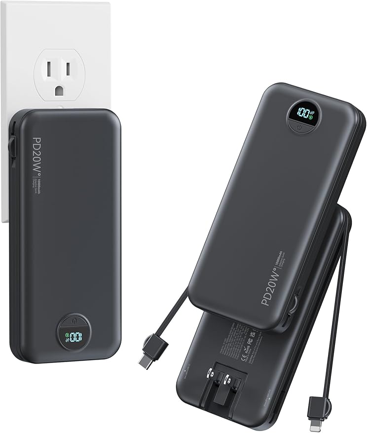 10000mAh Ultra-Portable-Charger-Power-Bank with Built in Cables&AC Wall Plug, PD20W USB-C Fast Charging Cell Phone Charger Battery Pack,LED Display Travel Battery Bank for All iPhone,Samsung,Android