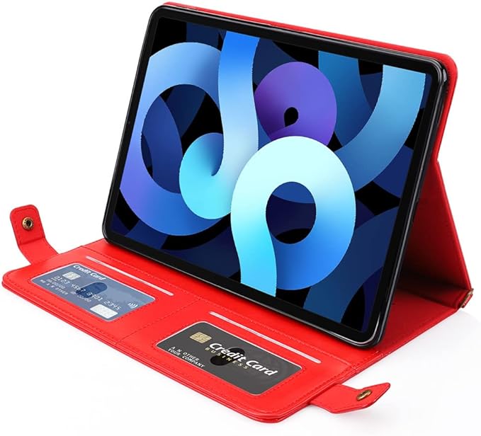 Handbag Case for iPad (A16) 11" 2025 & iPad 10th Gen 10.9", Techcircle Folio Stand PU Leather Multi-Card Slots Envelope Pocket Wallet Cover with Hand Strap+Shoulder Strap+Pen Holder, Red