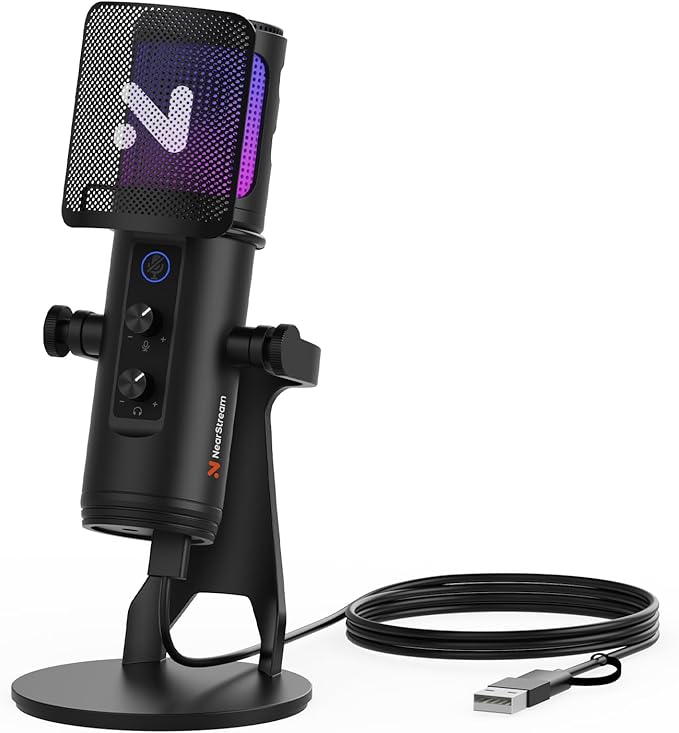 NearStream USB Gaming Microphone for PC with Noise Canceling/RGB Light/Quick Mute/Gain/Headphones Jack/Pop Filter, Desktop Condenser Microphone for Stream/Record/Podcast/PS5/PS4/Twitch/YouTube (AM35U)