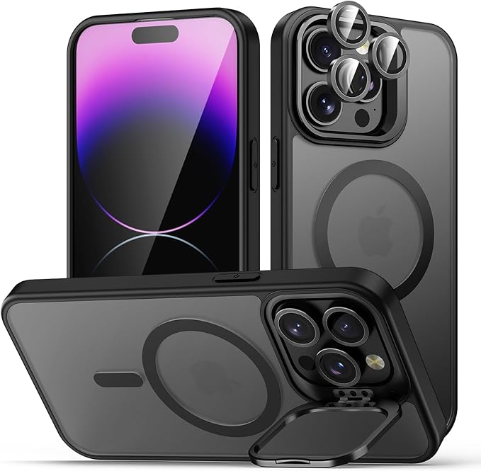 TOBOVON for iPhone 14 Pro Case, Compatible with MagSafe, Built-in Camera Ring Stand, with Individual Camera Cover, Translucent Matte Military-Grade Drop Protection Magnetic Case, Black