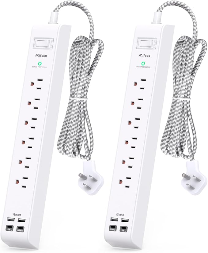 2 Pack Power Strip Surge Protector - 6 Outlets 4 USB Charging Ports, 5Ft Braided Extension Cord, Flat Plug, Overload Protection, Wall Mount for Home Office, Dorm Room Essentials White