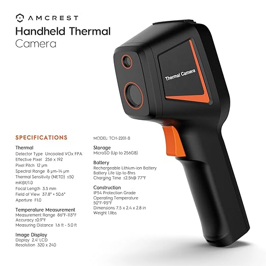 Amcrest Thermal Imaging Camera (256 x 192 Resolution), Commercial Thermal Imager, Handheld Thermal Camera, 49152 Pixels, Thermometer with 2.4" Color Display Screen (TPC-HT2201-TB3)