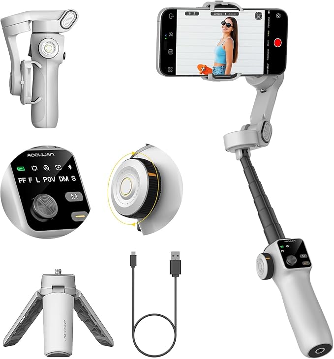 AOCHUAN Gimbal Stabilizer for iPhone & Android, 3-Axis Phone Gimbal with OLED Screen, 7.8" Extendable Rod, Face & Gesture Tracking, Ideal for Vlogging, Travel & Video Recording-Smart V8 White