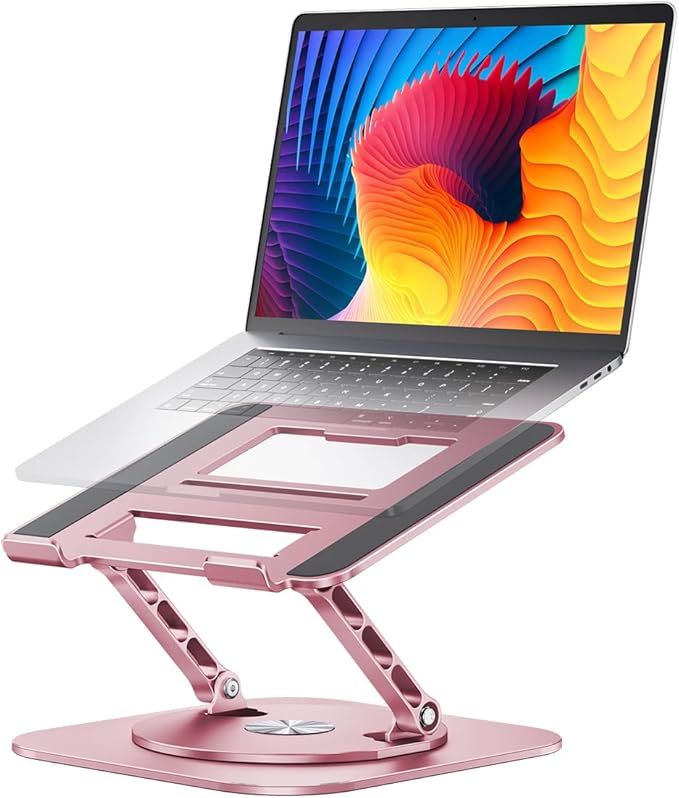 AOEVI Adjustable Laptop Stand with 360 Rotating Base, Computer Stand for Laptop Ergonimic Foldable Laptop Riser for Desk Compatible with MacBook Pro/Air Notebook up to 16 Inches,Pink