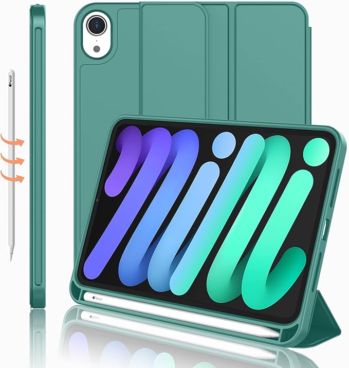iMieet iPad mini 7 Case 2024 (A17 Pro), iPad mini 6 Case (8.3-Inch,2021 Model), iPad mini 7th/6th Generation Case with Pencil Holder, Trifold Stand Smart Case with Soft TPU Back,Forest Green