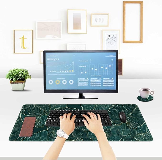 ToLuLu Extended Gaming Mouse Pad, Memory Foam Ergonomic Keyboard Mouse Wrist Rest Support Set, Large Desk Mat with Stitched Edges, Non-Slip Base Mousepad for Home Office Game, Green Golden Leaves