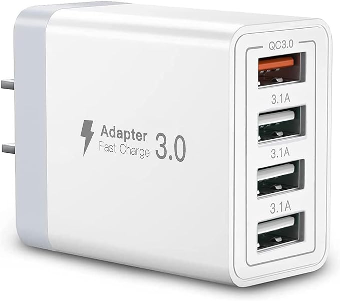 USB Charger, 4 Port USBA Wall Charging Block, Fast Charge QC 3.0 Plug Adapter Compatible with iPhone 12/13/14/15/XS/XS Max/XR/X, LG, Google Pixel and More