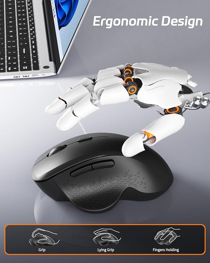 Uiosmuph G09 Bluetooth Wireless Mouse, BT5.1 & 2.4Ghz Rechargeable Computer Mouse with USB Receiver and Type C Adapter, Ergonomic Bluetooth Mice for Laptop, iPad, Mac - Black